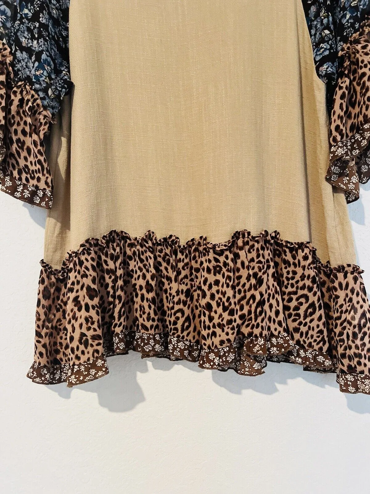 UMGEE Mixed Media Linen Top Sz S Flared Ruffle Sleeves Floral Tunic Boho Blouse