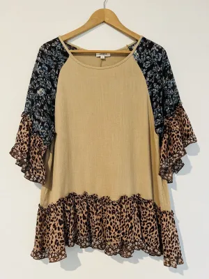 UMGEE Mixed Media Linen Top Sz S Flared Ruffle Sleeves Floral Tunic Boho Blouse