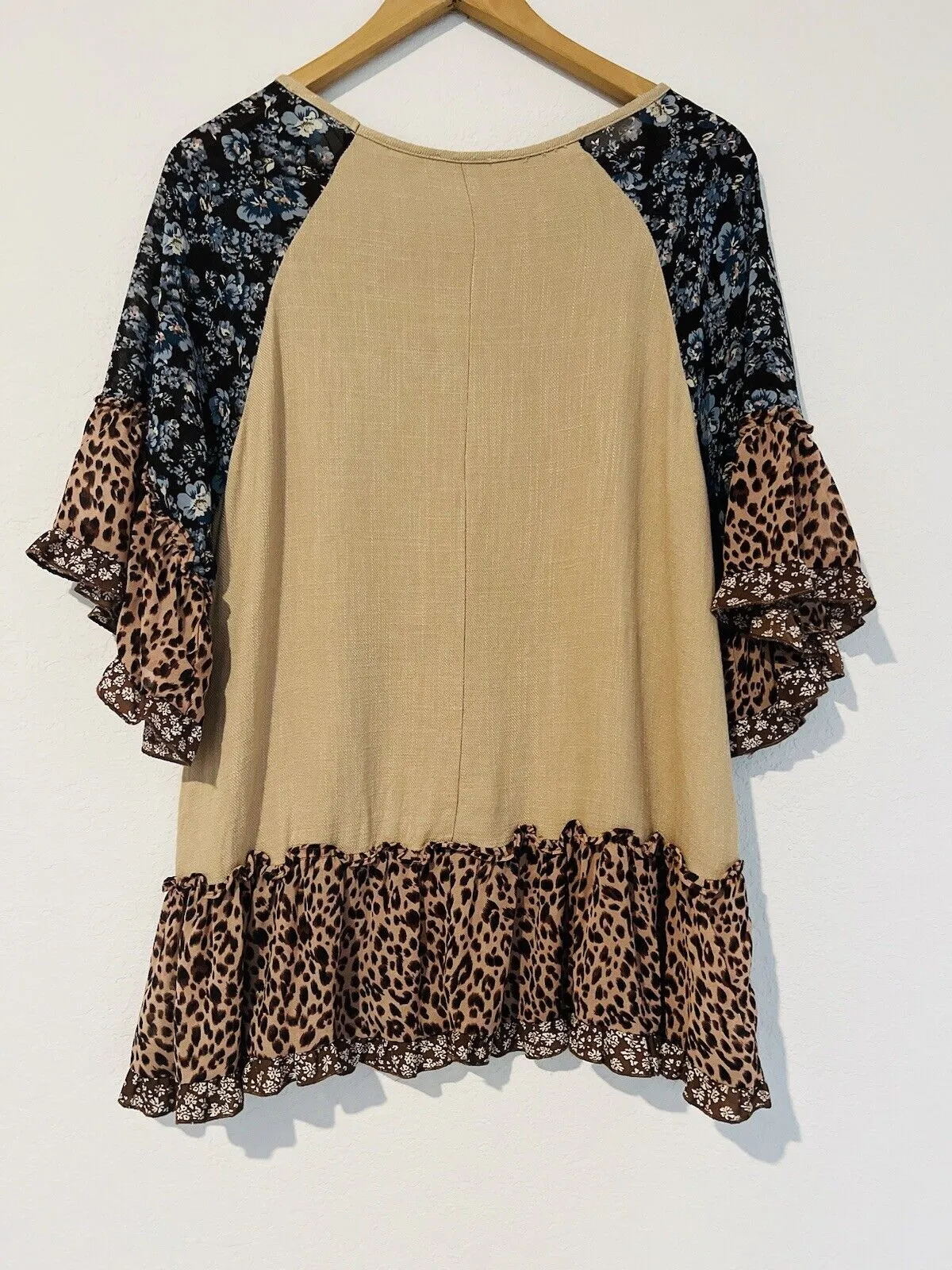 UMGEE Mixed Media Linen Top Sz S Flared Ruffle Sleeves Floral Tunic Boho Blouse