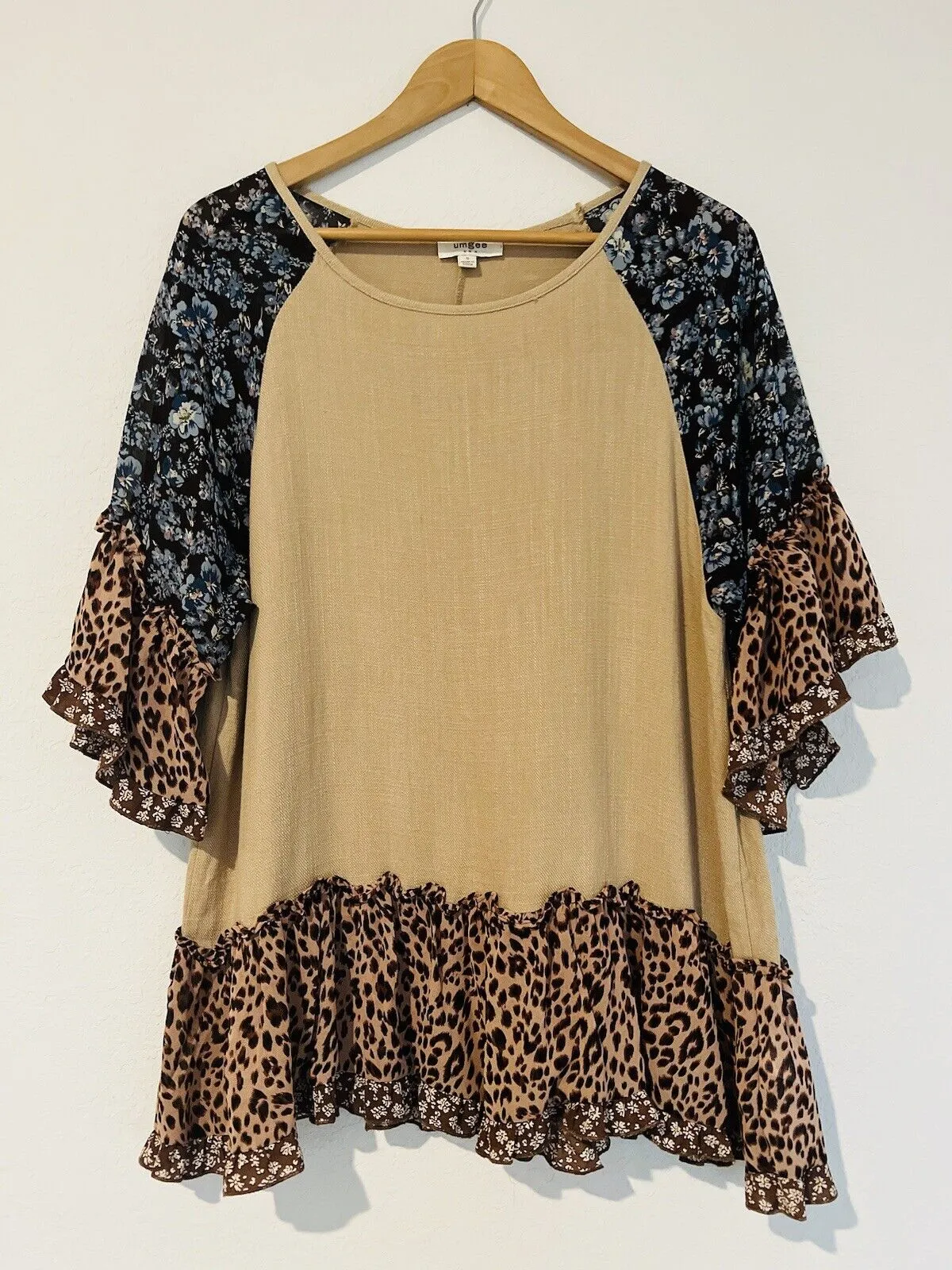 UMGEE Mixed Media Linen Top Sz S Flared Ruffle Sleeves Floral Tunic Boho Blouse