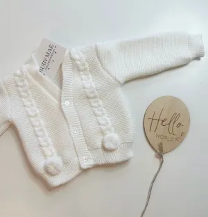 UNISEX White Knitted Pom Pom Cardigan