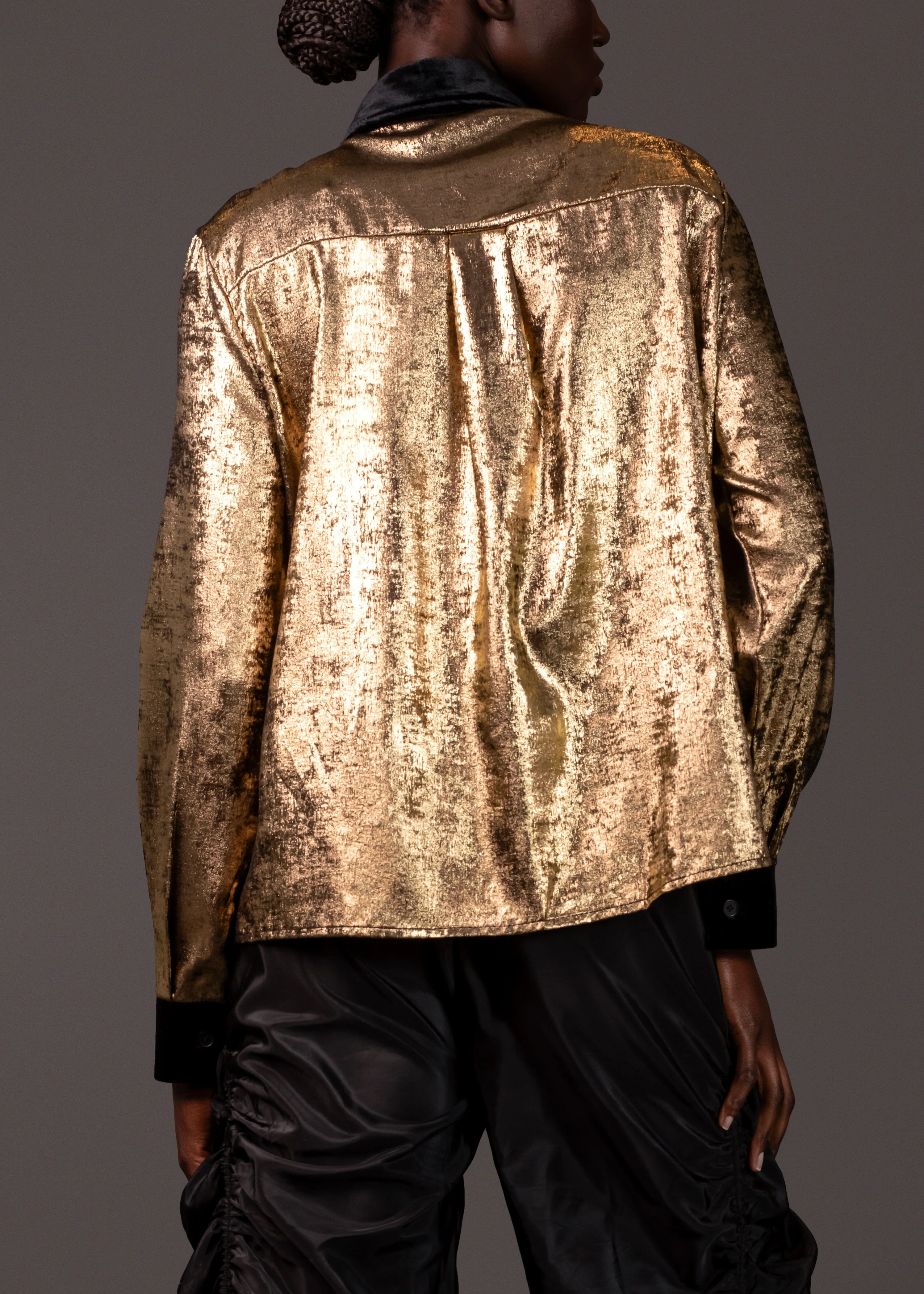 Velour Trimmed Button Up Blouse