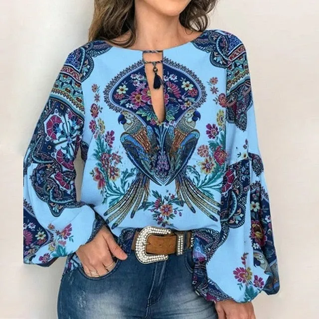 VIEUNSTA 2019 Boho Blouse Floral Print Lantern Sleeve Shirt Sexy Lace-up Tassel O Neck