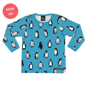 Villervalla Sky Blue Penguin Long Sleeved Top- Kids organic clothing top