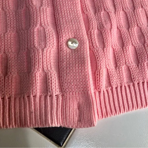 Vintage 60s 70s Sears Sweater Bubblegum Pink Cable Knit Cardigan Pearlescent szL