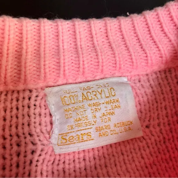 Vintage 60s 70s Sears Sweater Bubblegum Pink Cable Knit Cardigan Pearlescent szL