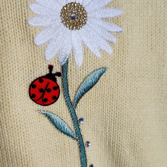Vintage beautifu yellow ladybug sunflower embroidered glass button-down cardigan