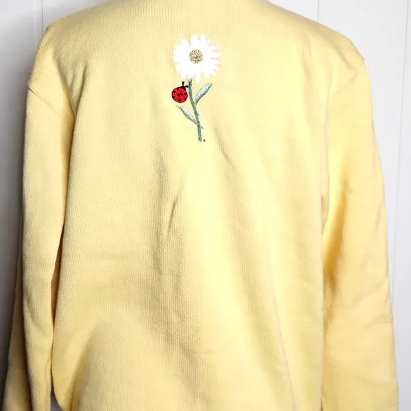 Vintage beautifu yellow ladybug sunflower embroidered glass button-down cardigan