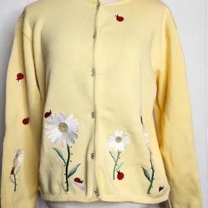 Vintage beautifu yellow ladybug sunflower embroidered glass button-down cardigan