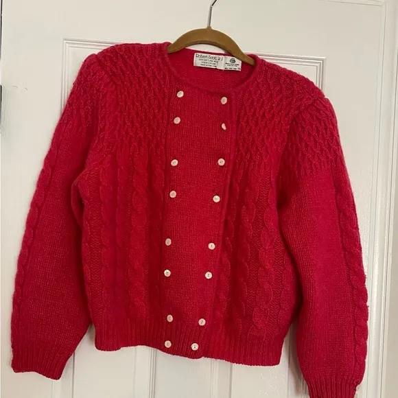Vintage Robert Scott Ltd Pink Shetland Wool Cardigan Sz L CableKnit Sweater