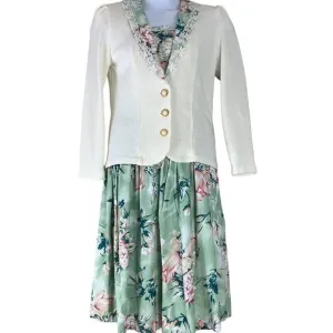 Vintage Skirt Sweater Set Size 12 Green Pink Floral Print Matthew &amp; David
