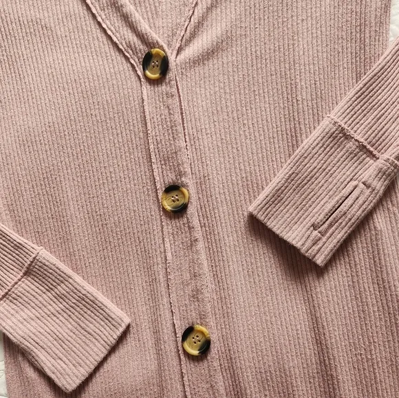 We the Free Cardigan XS Longline Button Front Knit Duster Sweater Pink Ribbed