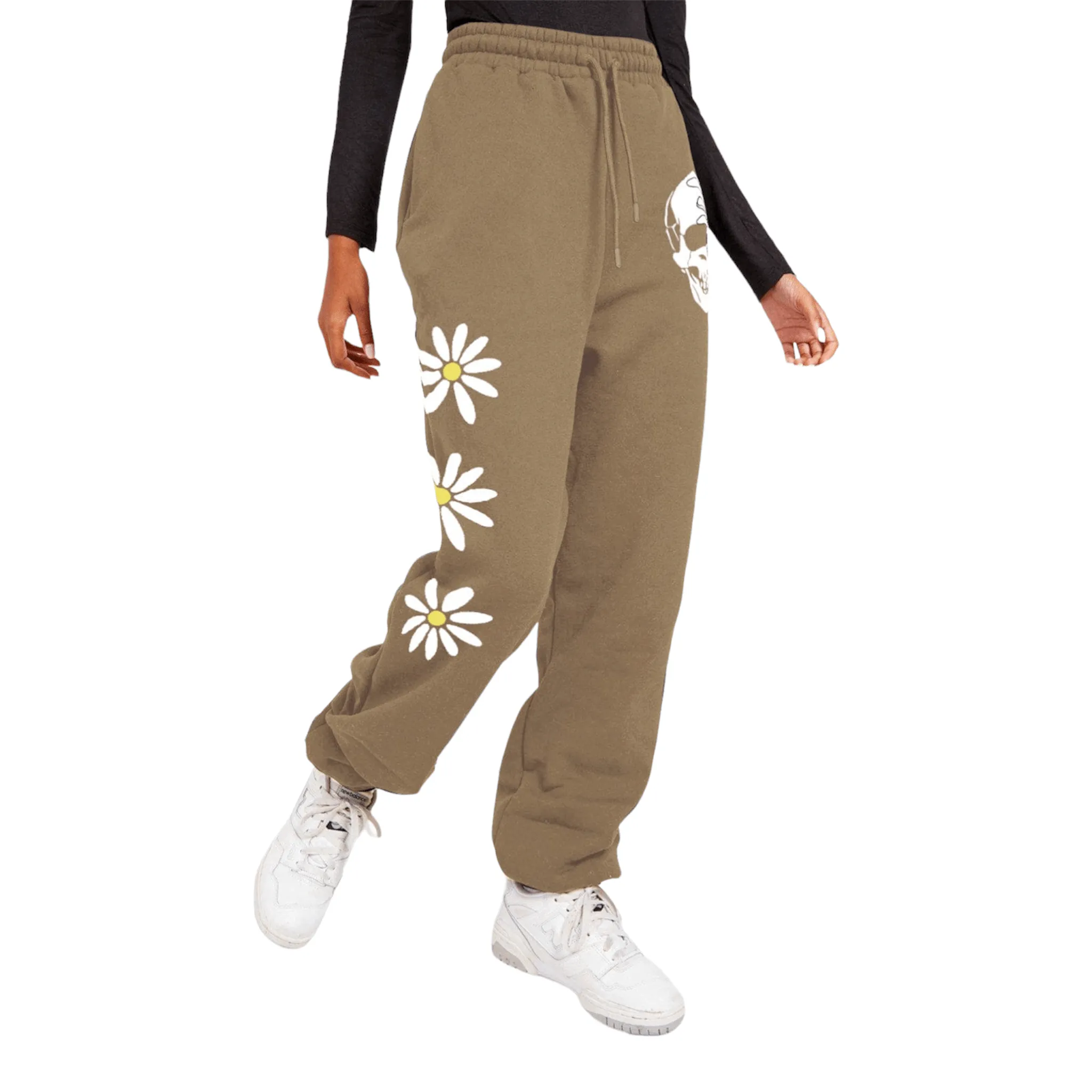 Whimsical Floral Skull Drawstring Sweatpants