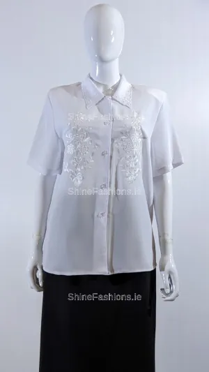 White Collar Button Up Short Sleeve Blouse Top