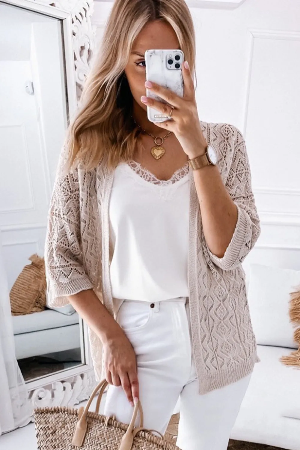 White Geometric Pointelle Knit Bracelet Sleeve Open Cardigan