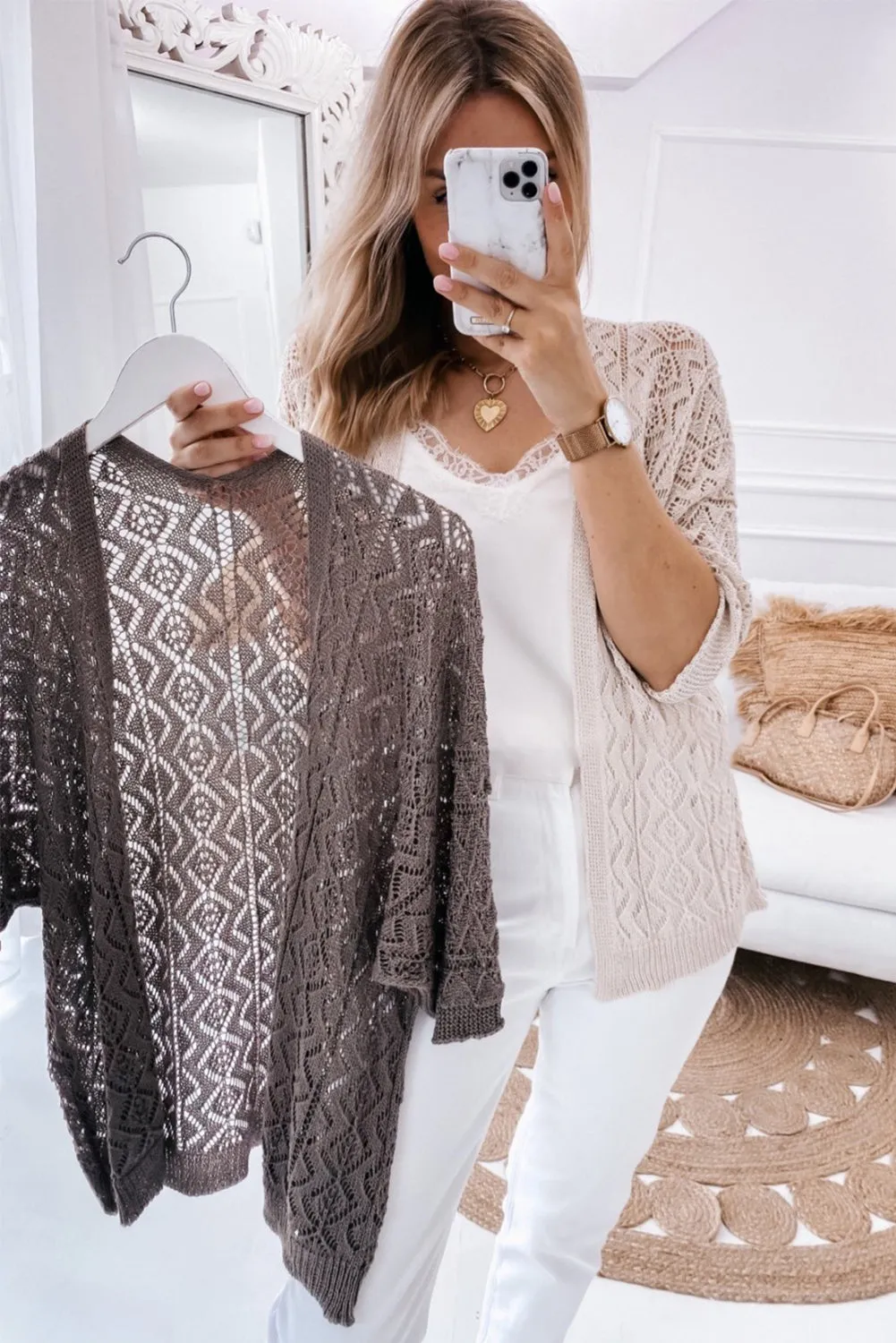 White Geometric Pointelle Knit Bracelet Sleeve Open Cardigan