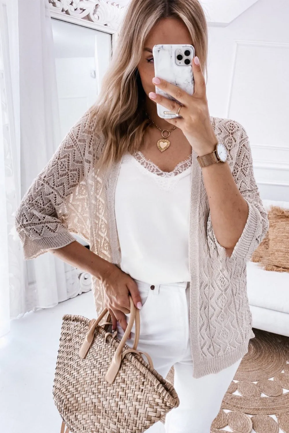 White Geometric Pointelle Knit Bracelet Sleeve Open Cardigan