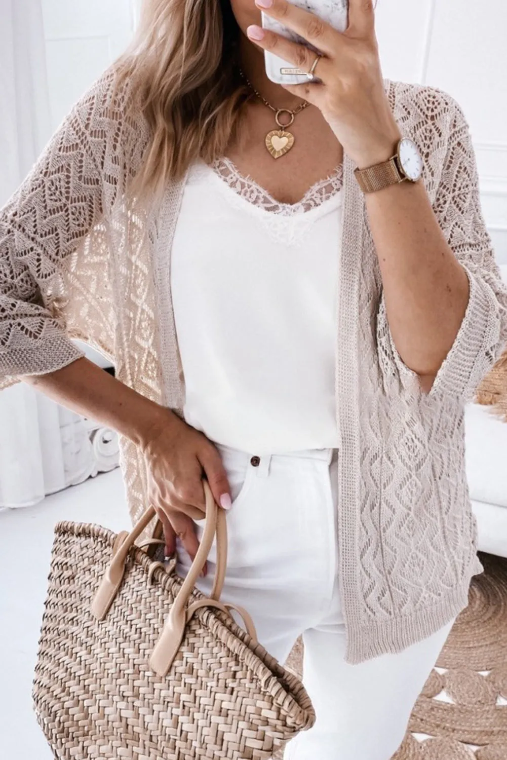 White Geometric Pointelle Knit Bracelet Sleeve Open Cardigan