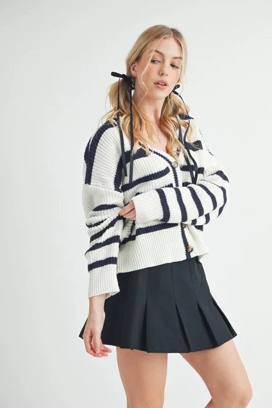 White/Navy Striped V-Neck Button Down Cardigan