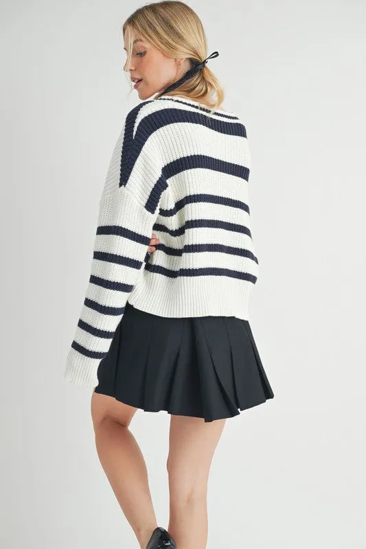 White/Navy Striped V-Neck Button Down Cardigan