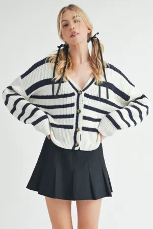 White/Navy Striped V-Neck Button Down Cardigan