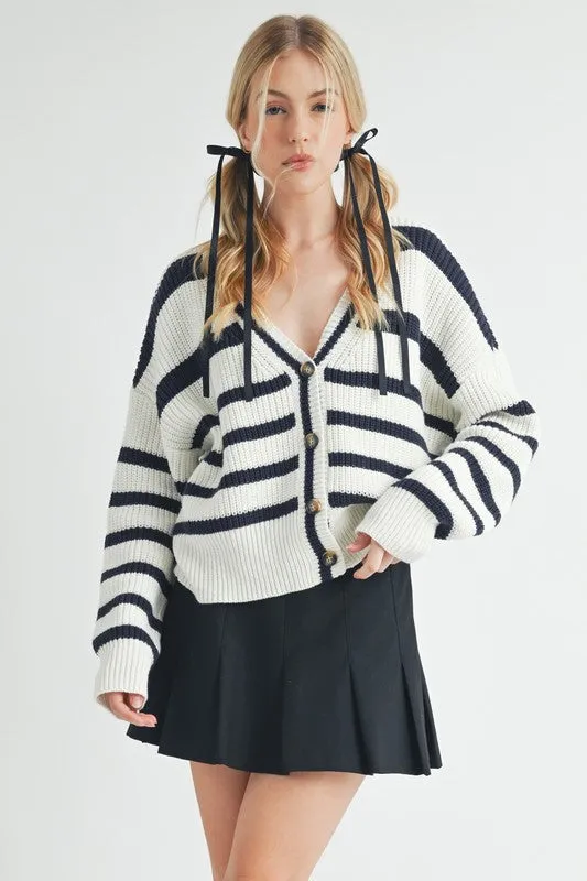 White/Navy Striped V-Neck Button Down Cardigan