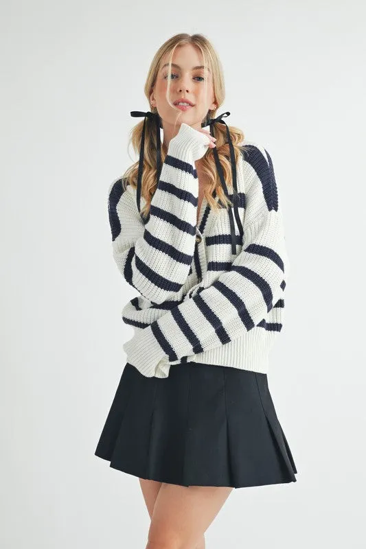 White/Navy Striped V-Neck Button Down Cardigan