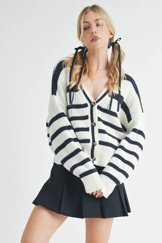 White/Navy Striped V-Neck Button Down Cardigan