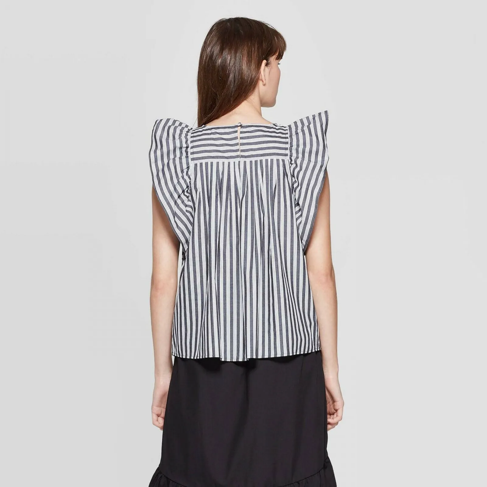 Who What Wear Women's Striped Ruffle Short Sleeve Crewneck Babydoll Top