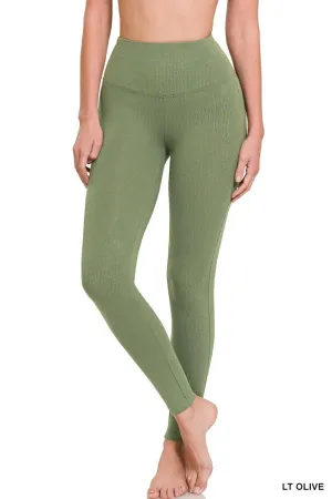 Wide waistband Cotton Full Length Leggings- Lt. Olive