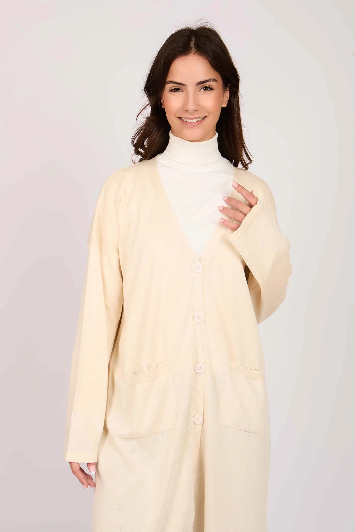 Women Long Buttoned Cardigan Off White