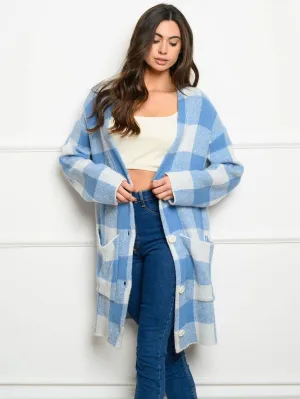 WOMEN'S LONG SLEEVE CHECKER BUTTON DOWN CARDIGAN