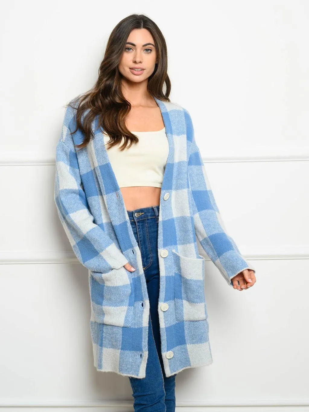 WOMEN'S LONG SLEEVE CHECKER BUTTON DOWN CARDIGAN