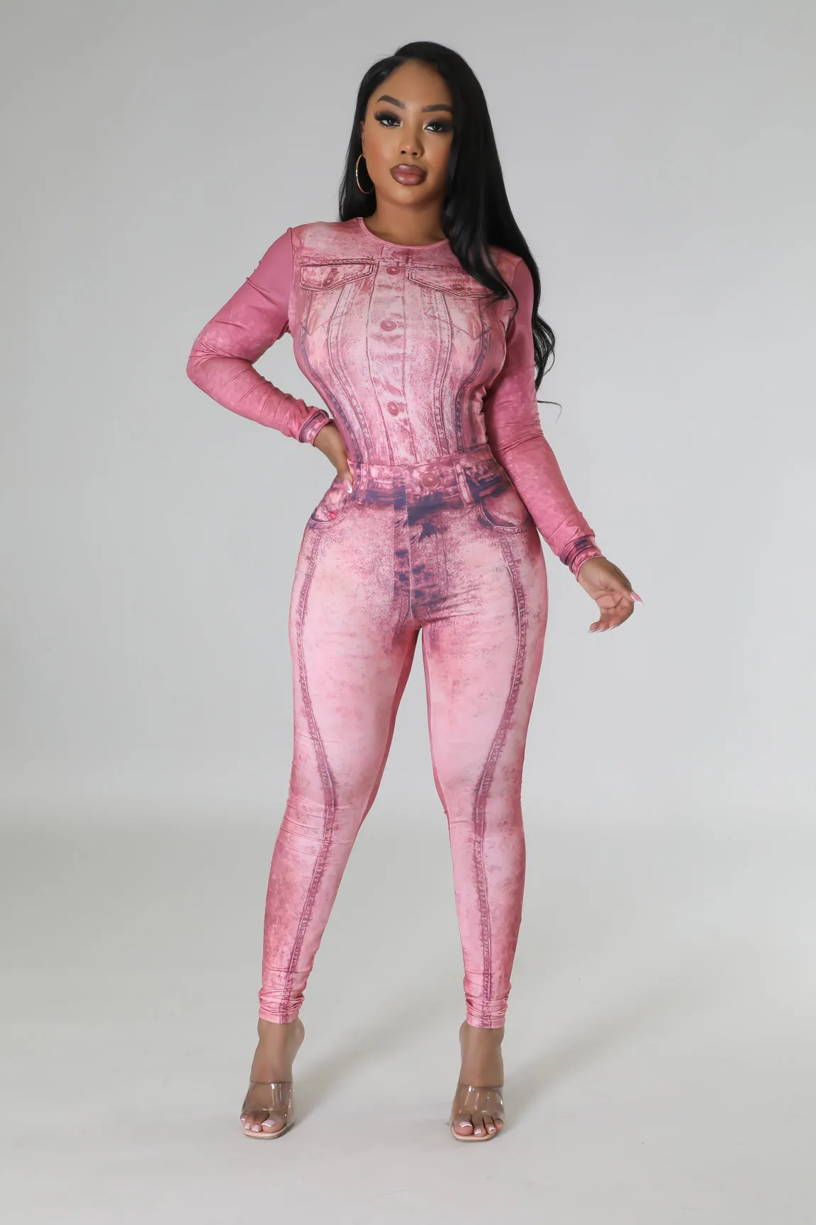 Women's Long Sleeve High waisted Denim printed Pink Legging Set