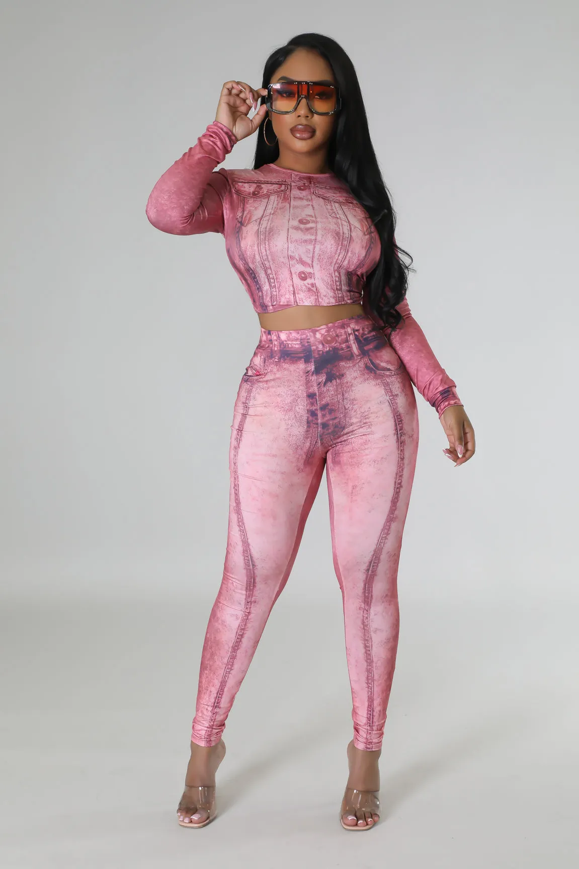 Women's Long Sleeve High waisted Denim printed Pink Legging Set