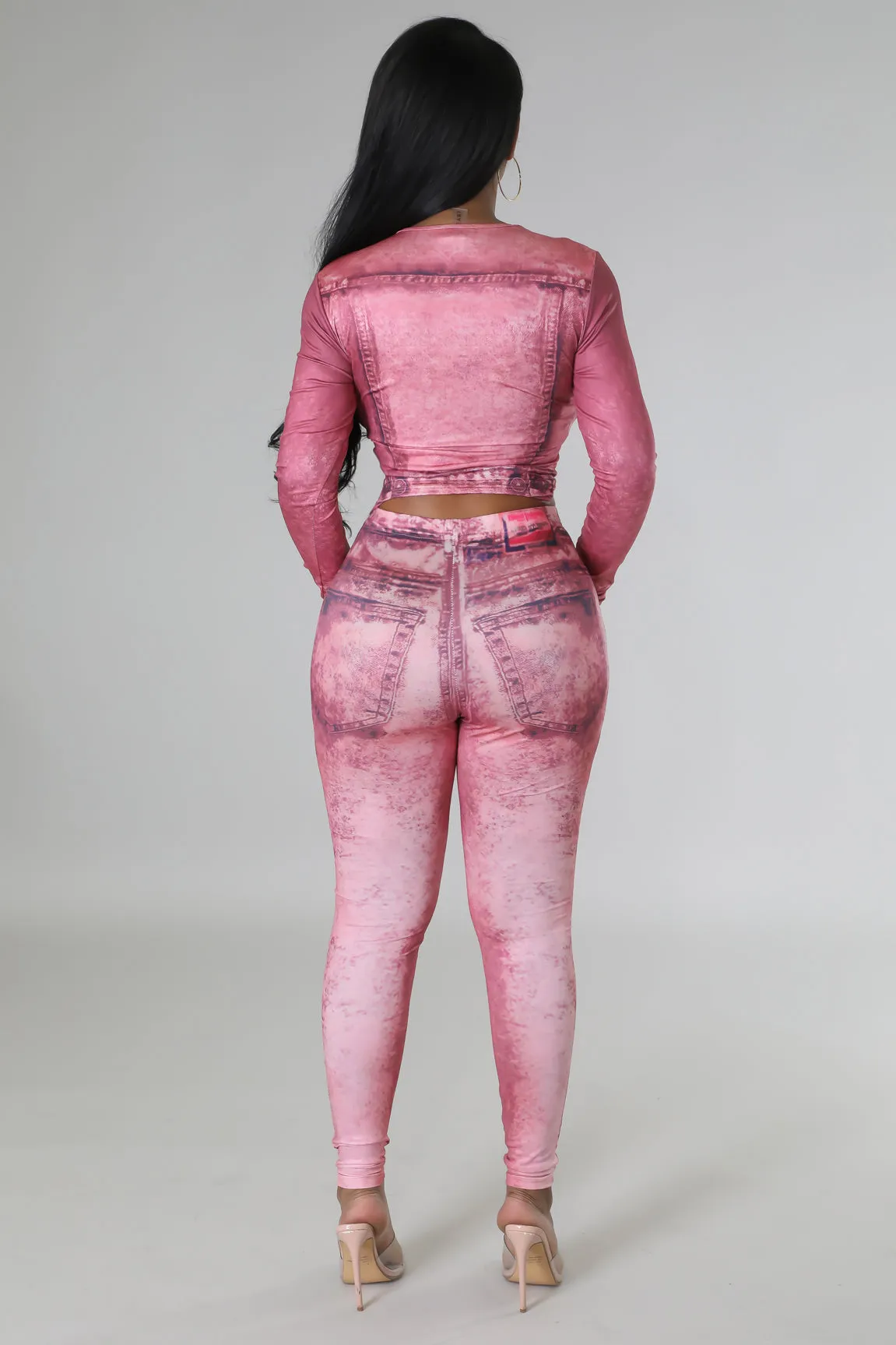 Women's Long Sleeve High waisted Denim printed Pink Legging Set