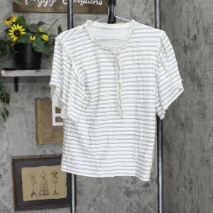 Womens Ruffle Trim Knit Shirt Top White Blue Striped See Measurements