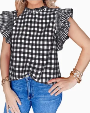 Womens Top Checkered Ruffle