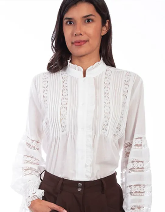 Women's White Cotton Poet Long Sleeve Lace Blouse