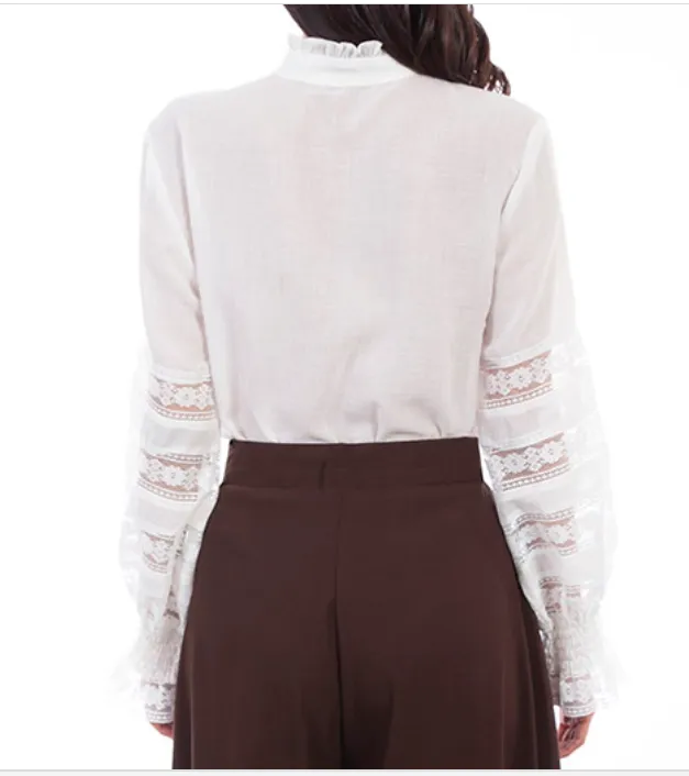 Women's White Cotton Poet Long Sleeve Lace Blouse
