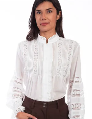 Women's White Cotton Poet Long Sleeve Lace Blouse
