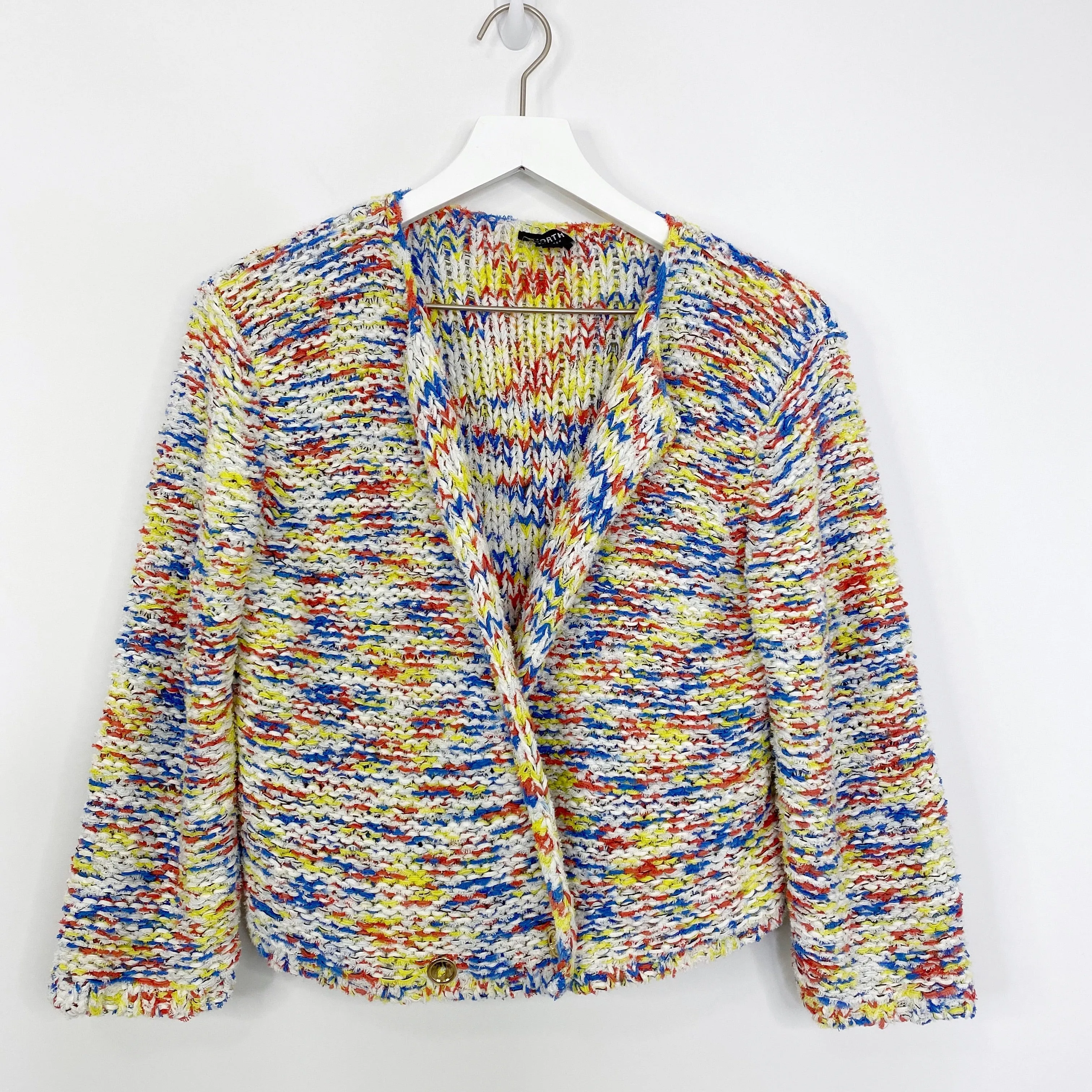 Worth New York Multicolor Raw Edge Fabric Knit Cropped Cardigan